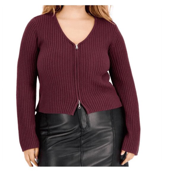 NWOT Full Circle Trends Trendy Plus Size V-Neck Zip-Up Sweater Wine 3X - Picture 1 of 1